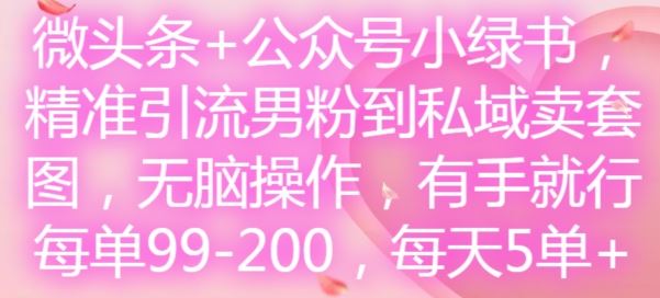 微头条+公众号小绿书，精准引流男粉到私域卖套图，无脑操作，有手就行，每单99-200，每天5单-阳明聊项目