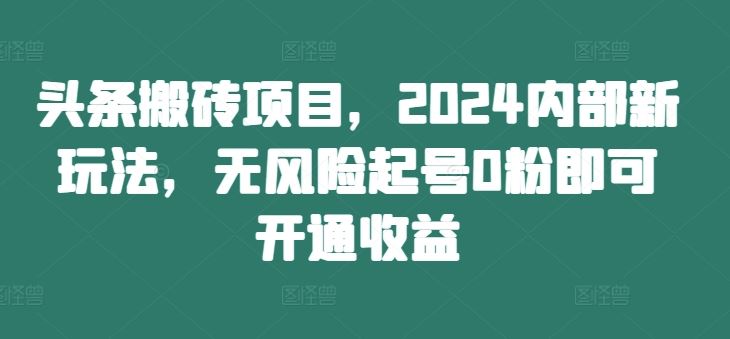 头条搬砖项目，2024内部新玩法，无风险起号0粉即可开通收益-阳明聊项目