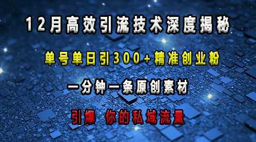 最新高效引流技术深度揭秘 ，单号单日引300+精准创业粉，一分钟一条原创素材，引爆你的私域流量-阳明聊项目