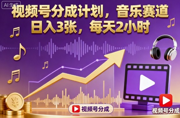 视频号分成计划，音乐赛道，日入3张，每天2小时-阳明聊项目