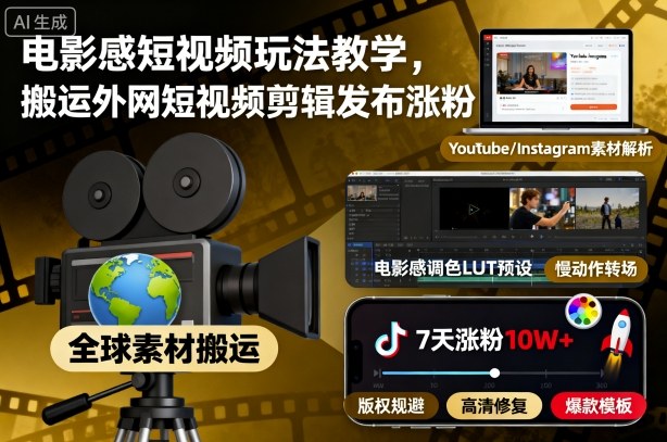 电影感短视频玩法教学，搬运外网短视频剪辑发布涨粉-阳明聊项目