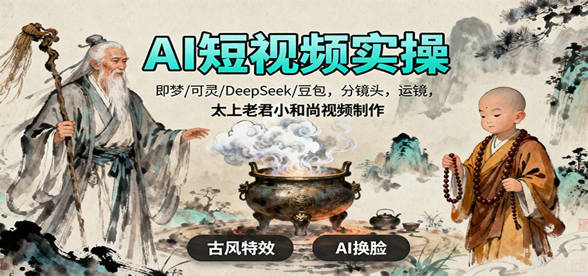 AI短视频实操，即梦/可灵/DeepSeek/豆包，分镜头，运镜，太上老君小和尚视频制作-阳明聊项目