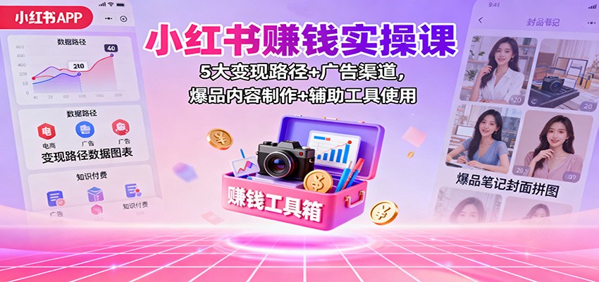 小红书赚钱实操课：5大变现路径+广告渠道，爆品内容制作+辅助工具使用-阳明聊项目