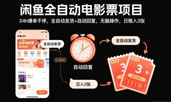 闲鱼全自动电影票项目，24h爆单不停，全自动发货+自动回复，无脑操作，日稳入3张【揭秘】-阳明聊项目