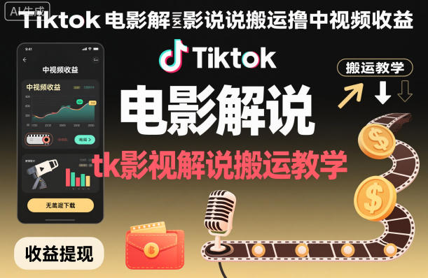 Tiktok电影解说搬运撸中视频收益，tk影视解说搬运教学-阳明聊项目