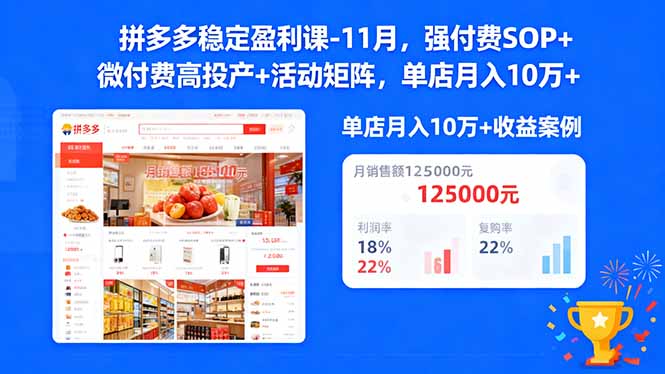 拼多多稳定盈利课-11月，强付费SOP+微付费高投产+活动矩阵，单店月入10w+-阳明聊项目