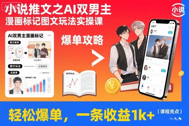 小说推文之AI双男主漫画标记图文玩法实操课，轻松爆单，一条收益1k+-阳明聊项目