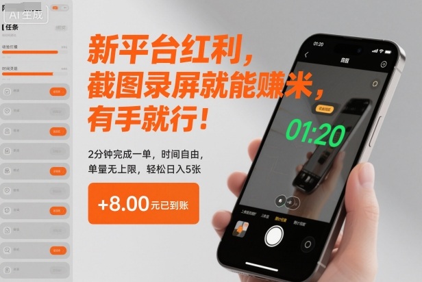 新平台红利，截图录屏就能賺米，有手就行！2分钟完成一单，时间自由，单量无上限，轻松日入5张【揭秘】-阳明聊项目