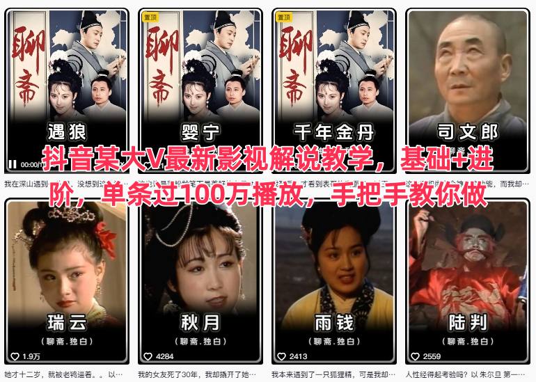 抖音某大V最新影视解说教学，基础+进阶，单条过100万播放，手把手教你做-阳明聊项目