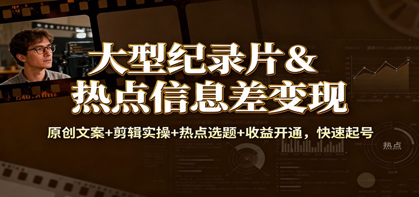 大型纪录片&热点信息差变现：原创文案+剪辑实操+热点选题+收益开通，快速起号-阳明聊项目