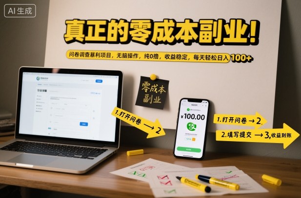 真正的零成本副业！问卷调查暴利项目，无脑操作，纯0撸，收益稳定，每天轻松日入100+【揭秘】-阳明聊项目