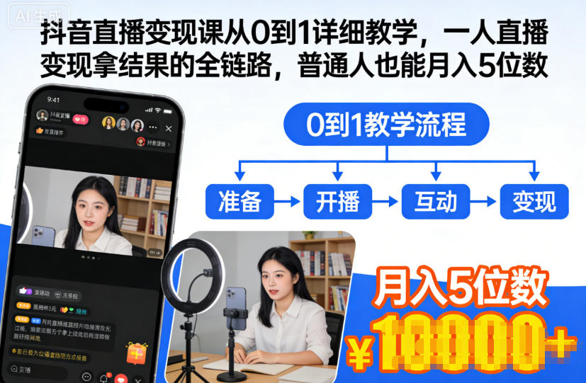 抖音直播变现课从0到1详细教学,一人直播变现拿结果的全链路,普通人也能月入5位数-阳明聊项目