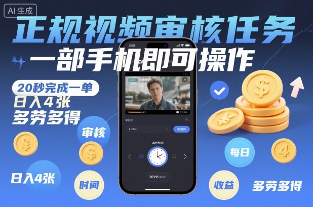 正规视频审核任务，一部手机即可操作，20秒完成一单，日入4张，多劳多得【揭秘】-阳明聊项目