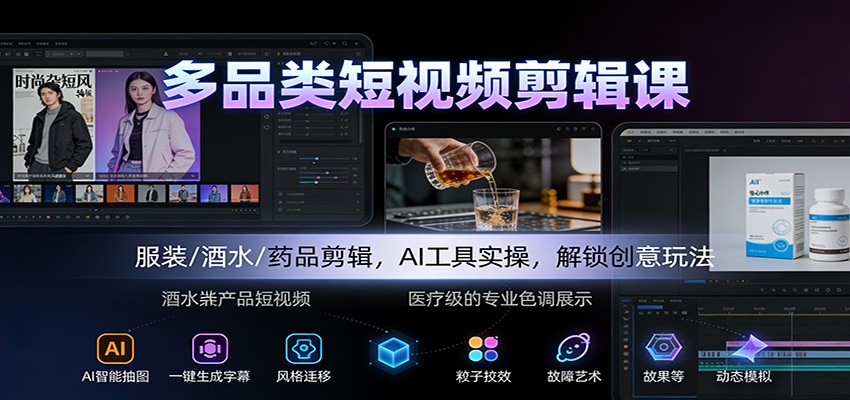 多品类短视频剪辑课:服装/酒水/药品剪辑,AI工具实操,解锁创意玩法-阳明聊项目