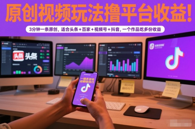 原创视频玩法撸平台收益，3分钟一条原创，适合头条+百家+视频号+抖音，一个作品吃多份收益-阳明聊项目