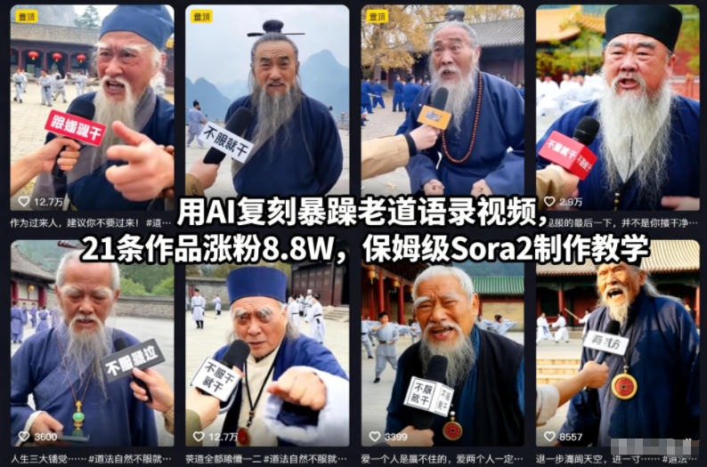 用AI复刻暴躁老道语录视频，21条作品涨粉8.8W，保姆级Sora2制作教学-阳明聊项目