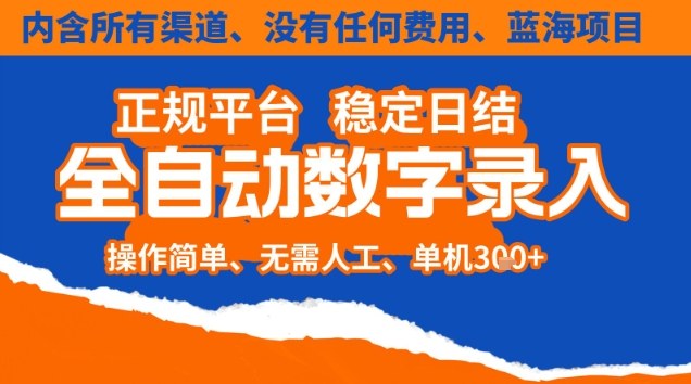 全自动数字录入，单机日入3张+，内含所有渠道全程免费零成本，操作简单可矩阵开干【揭秘】-阳明聊项目