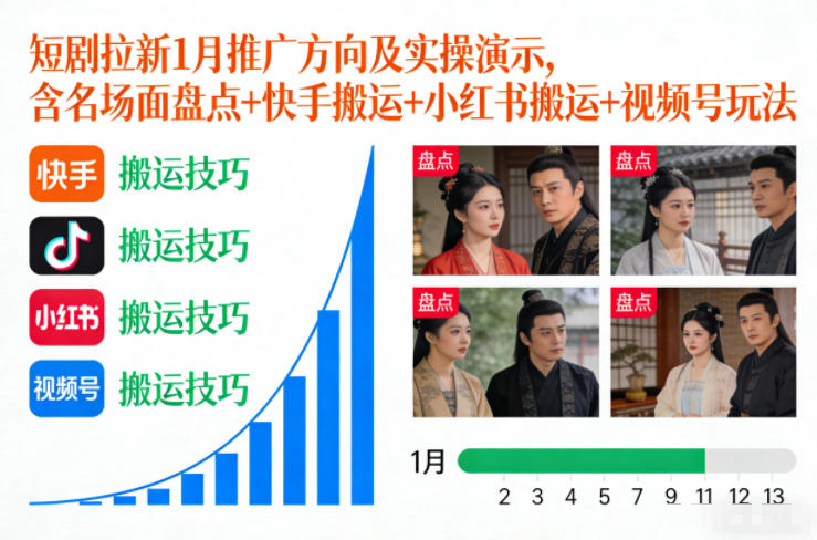 短剧拉新1月推广方向及实操演示，含名场面盘点+快手搬运+小红书搬运+视频号玩法-阳明聊项目