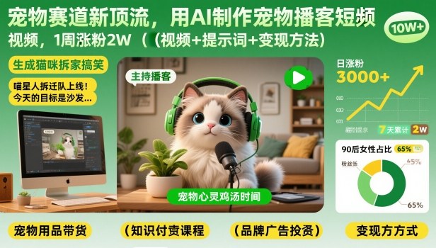 宠物赛道新顶流,用AI制作宠物播客短视频,1周涨粉2W(视频+提示词+变现方法)-阳明聊项目