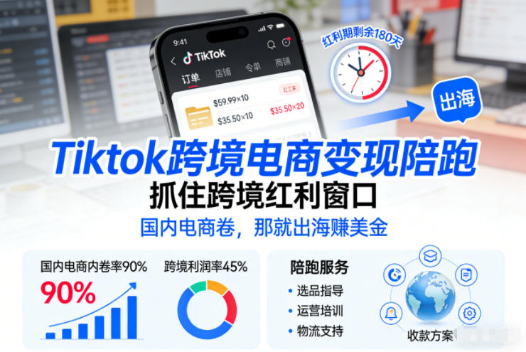Tiktok跨境电商变现陪跑，抓住跨境红利窗口，国内电商卷，那就出海賺美金-阳明聊项目