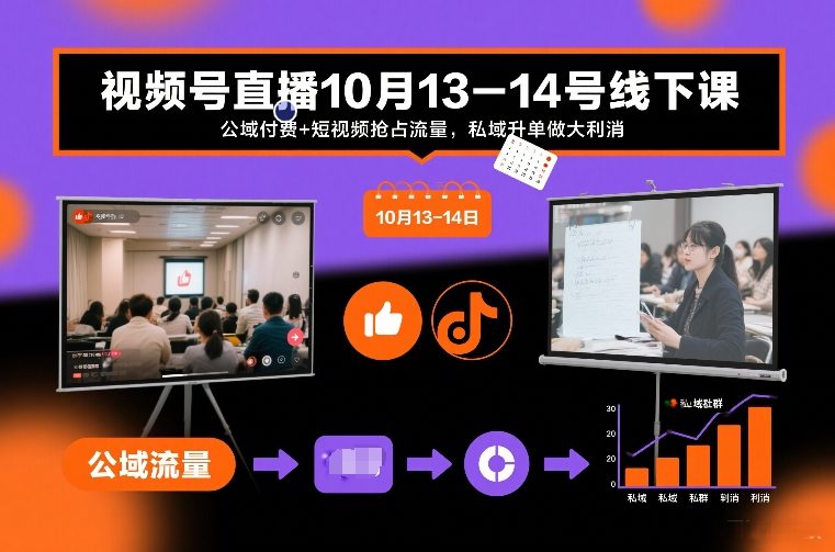 视频号直播10月13-14号线下课，公域付费+短视频抢占流量，私域升单做大利消-阳明聊项目