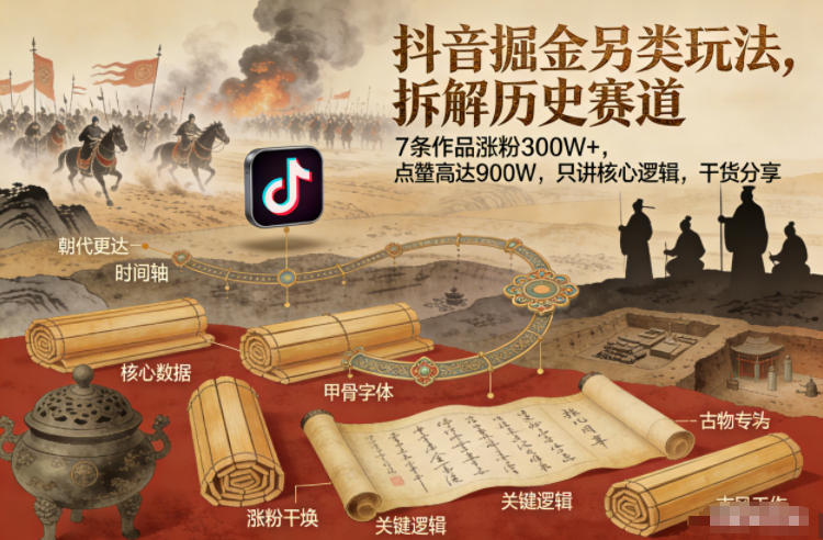 抖音掘金另类玩法,拆解历史赛道,7条作品涨粉300W+,点赞量高达900W,只讲核心逻辑,干货分享-阳明聊项目
