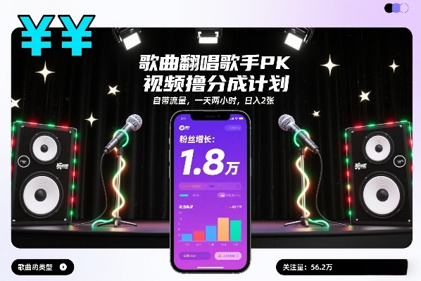 歌曲翻唱歌手PK视频撸分成计划,自带流量,一天两小时,日入2张-阳明聊项目