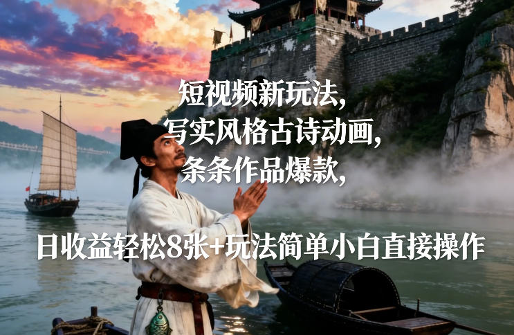 短视频新玩法，写实风格古诗动画，条条作品爆款，日收益轻松8张+玩法简单小白直接操作-阳明聊项目