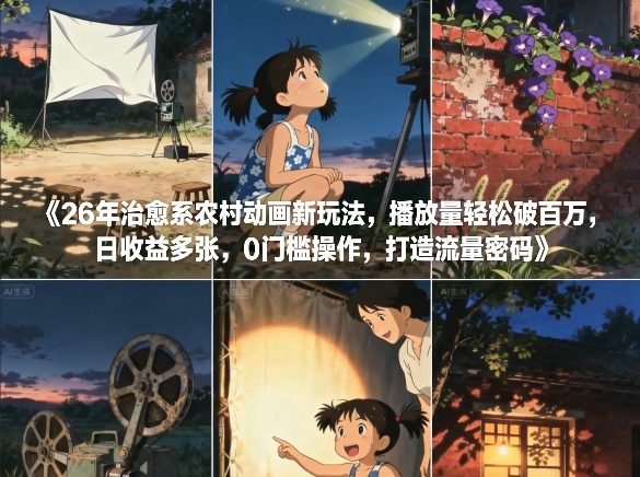 26年治愈系农村动画新玩法，播放量轻松破百万，日收益多张，0门槛操作，打造流量密码-阳明聊项目