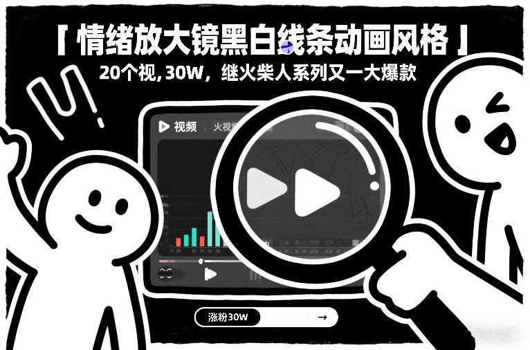 情绪放大镜黑白线条动画风格，20个视频，涨粉30W，继火柴人系列又一大爆款-阳明聊项目