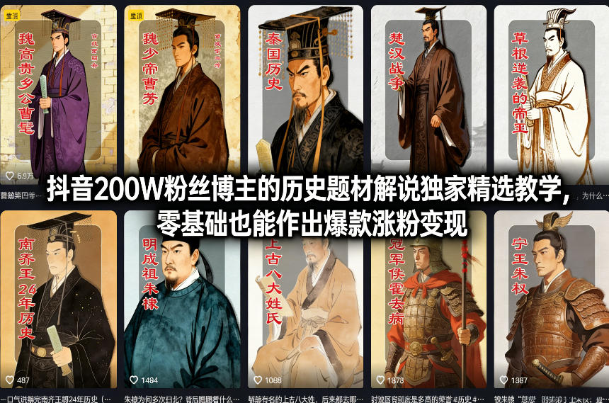 抖音200W粉丝博主的历史题材解说独家精选教学，零基础也能作出爆款涨粉变现-阳明聊项目