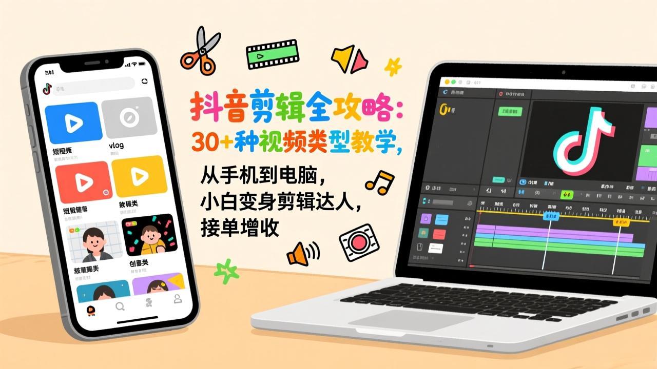 抖音剪辑全攻略：30+种视频类型教学，从手机到电脑，小白变身剪辑达人，接单增收-阳明聊项目