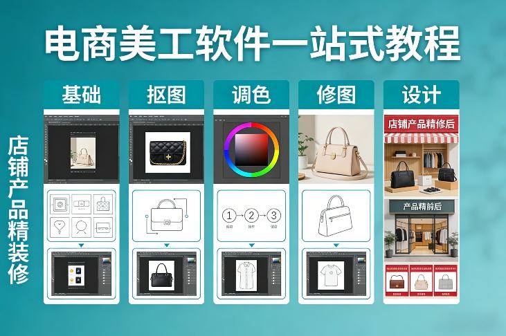 电商美工软件一站式教程，基础/抠图/调色/修图/设计，店铺产品精装修-阳明聊项目
