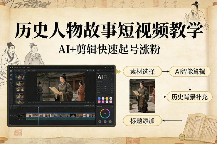 历史人物故事短视频教学，AI+剪辑制作历史人物题材短视频，快速起号涨粉-阳明聊项目
