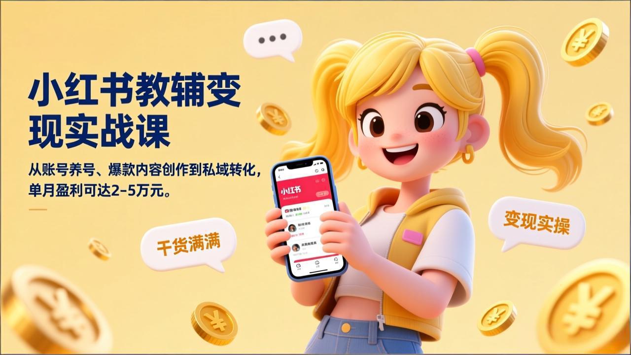 小红书教辅变现实战课，从账号养号、爆款内容创作到私域转化，单月盈利可达2-5万元-阳明聊项目