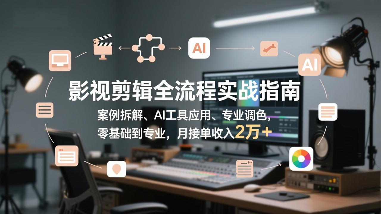 影视剪辑全流程实战指南，案例拆解、AI工具应用、专业调色，零基础到专业，月接单收入2万+-阳明聊项目