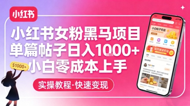 小红书女粉黑马项目，单篇帖子日入1k+，小白零成本上手-阳明聊项目